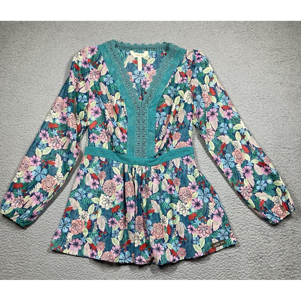 Matilda Jane Top Women's Small Blue Green Floral Semi Sheer Baby Doll Peasant
